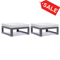 LeisureMod CSO30LGR2 Chelsea Outdoor Patio Black Aluminum Ottomans With Cushions Set Of 2