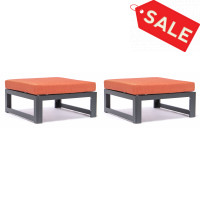 LeisureMod CSO30OR2 Chelsea Outdoor Patio Black Aluminum Ottomans With Cushions Set Of 2