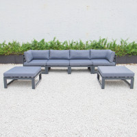 LeisureMod CSOBL-6BU Chelsea 6-Piece Patio Ottoman Sectional Black Aluminum With Cushions