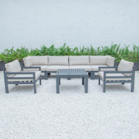 LeisureMod CSTARBL-7BG Chelsea 7-Piece Patio Sectional And Coffee Table Set Black Aluminum With Cushions