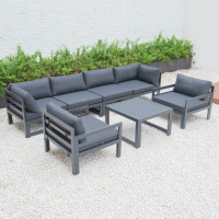 LeisureMod CSTARBL-7BL Chelsea 7-Piece Patio Sectional And Coffee Table Set Black Aluminum With Cushions