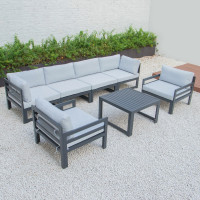 LeisureMod CSTARBL-7LGR Chelsea 7-Piece Patio Sectional And Coffee Table Set Black Aluminum With Cushions
