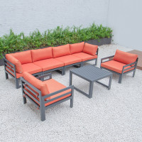LeisureMod CSTARBL-7OR Chelsea 7-Piece Patio Sectional And Coffee Table Set Black Aluminum With Cushions