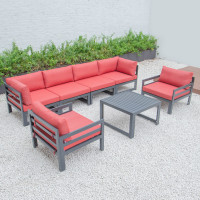 LeisureMod CSTARBL-7R Chelsea 7-Piece Patio Sectional And Coffee Table Set Black Aluminum With Cushions