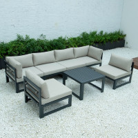 LeisureMod CSTBL-7BG Chelsea 7-Piece Patio Sectional And Coffee Table Set Black Aluminum With Cushions