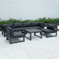 LeisureMod CSTBL-7BL Chelsea 7-Piece Patio Sectional And Coffee Table Set Black Aluminum With Cushions