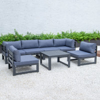 LeisureMod CSTBL-7BU Chelsea 7-Piece Patio Sectional And Coffee Table Set Black Aluminum With Cushions