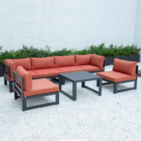 LeisureMod CSTBL-7OR Chelsea 7-Piece Patio Sectional And Coffee Table Set Black Aluminum With Cushions