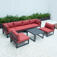 LeisureMod CSTBL-7R Chelsea 7-Piece Patio Sectional And Coffee Table Set Black Aluminum With Cushions