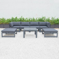 LeisureMod CSTOBL-7BL Chelsea 7-Piece Patio Ottoman Sectional And Coffee Table Set Black Aluminum With Cushions