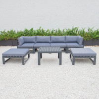 LeisureMod CSTOBL-7BU Chelsea 7-Piece Patio Ottoman Sectional And Coffee Table Set Black Aluminum With Cushions