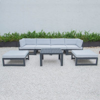 LeisureMod CSTOBL-7LGR Chelsea 7-Piece Patio Ottoman Sectional And Coffee Table Set Black Aluminum With Cushions