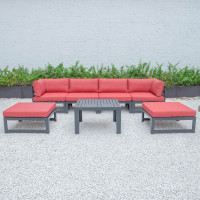 LeisureMod CSTOBL-7R Chelsea 7-Piece Patio Ottoman Sectional And Coffee Table Set Black Aluminum With Cushions