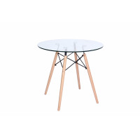 LeisureMod EP31CLTR Dover Round Bistro Glass Top Dining Table W/ Natural Wood Eiffel Base