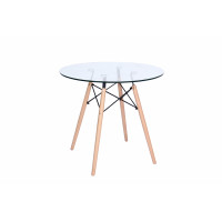 LeisureMod EP31CLTR Dover Round Bistro Glass Top Dining Table W/ Natural Wood Eiffel Base