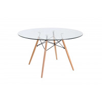LeisureMod EP47CLTR Dover Round Glass Top Dining Table W/ Natural Wood Eiffel Base