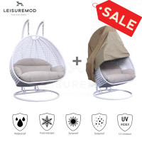 LeisureMod ESC57BG-C Wicker Hanging 2 person Egg Swing Chair With Outdoor Cover