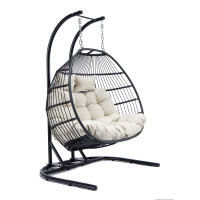 LeisureMod ESCF52BG Wicker 2 Person Double Folding Hanging Egg Swing Chair