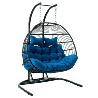 LeisureMod ESCF52BU Wicker 2 Person Double Folding Hanging Egg Swing Chair