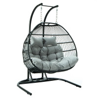 LeisureMod ESCF52LGR Wicker 2 Person Double Folding Hanging Egg Swing Chair