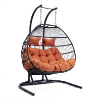 LeisureMod ESCF52OR Wicker 2 Person Double Folding Hanging Egg Swing Chair