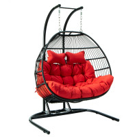 LeisureMod ESCF52R Wicker 2 Person Double Folding Hanging Egg Swing Chair