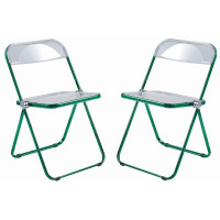 LeisureMod LFCL19G2 Lawrence Acrylic Folding Chair With Green Metal Frame, Set of 2