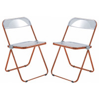 LeisureMod LFCL19OR2 Lawrence Acrylic Folding Chair With Orange Metal Frame, Set of 2