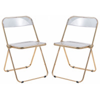 LeisureMod LFG19CL2 Lawrence Acrylic Folding Chair With Gold Metal Frame, Set of 2