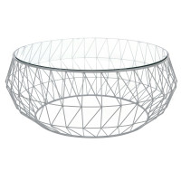 LeisureMod MD39GR Malibu Modern Round Glass Top Coffee Table With Chrome Base