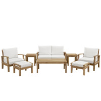Modway EEI-1471-NAT-WHI-SET Marina 8 Piece Outdoor Patio Teak Sofa Set in Natural White