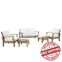 Modway EEI-1472-NAT-WHI-SET Marina 5 Piece Outdoor Patio Teak Sofa Set in Natural White