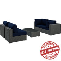 Modway EEI-1882-CHC-NAV-SET Sojourn 5 Piece Outdoor Patio Sunbrella Sectional Set in Canvas Navy