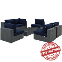 Modway EEI-1883-CHC-NAV-SET Sojourn 7 Piece Outdoor Patio Sunbrella Sectional Set in Canvas Navy