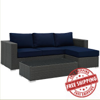 Modway EEI-1889-CHC-NAV-SET Sojourn 3 Piece Outdoor Patio Sunbrella Sectional Set in Canvas Navy