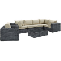 Modway EEI-1892-GRY-BEI-SET Summon 7 Piece Outdoor Patio Sunbrella Sectional Set in Canvas Antique Beige