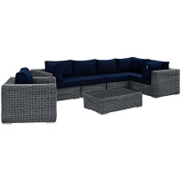 Modway EEI-1892-GRY-NAV-SET Summon 7 Piece Outdoor Patio Sunbrella Sectional Set in Canvas Navy