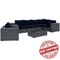 Modway EEI-1892-GRY-NAV-SET Summon 7 Piece Outdoor Patio Sunbrella Sectional Set in Canvas Navy