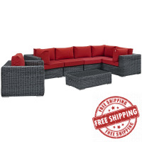 Modway EEI-1892-GRY-RED-SET Summon 7 Piece Outdoor Patio Sunbrella Sectional Set