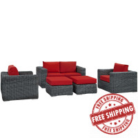 Modway EEI-1893-GRY-RED-SET Summon 5 Piece Outdoor Patio Sunbrella Sectional Set