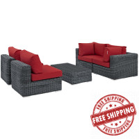 Modway EEI-1896-GRY-RED-SET Summon 5 Piece Outdoor Patio Sunbrella Sectional Set