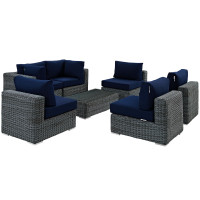 Modway EEI-1897-GRY-NAV-SET Summon 7 Piece Outdoor Patio Sunbrella Sectional Set in Canvas Navy