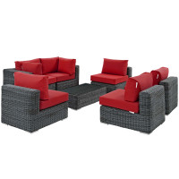 Modway EEI-1897-GRY-RED-SET Summon 7 Piece Outdoor Patio Sunbrella Sectional Set