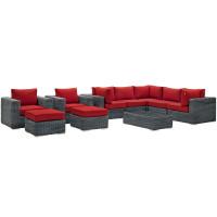 Modway EEI-1902-GRY-RED-SET Summon 10 Piece Outdoor Patio Sunbrella Sectional Set