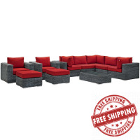 Modway EEI-1902-GRY-RED-SET Summon 10 Piece Outdoor Patio Sunbrella Sectional Set