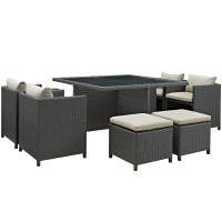 Modway EEI-1946-CHC-BEI-SET Sojourn 9 Piece Outdoor Patio Sunbrella Dining Set in Antique Canvas Beige