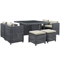 Modway EEI-1947-GRY-BEI-SET Summon 9 Piece Outdoor Patio Sunbrella Dining Set in Antique Canvas Beige