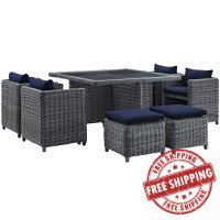 Modway EEI-1947-GRY-NAV-SET Summon 9 Piece Outdoor Patio Sunbrella Dining Set in Canvas Navy