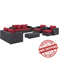 Modway EEI-2161-EXP-RED-SET Convene 9 Piece Outdoor Patio Sofa Set in Espresso Red