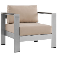Modway EEI-2266-SLV-BEI Shore Outdoor Patio Aluminum Armchair in Silver Beige